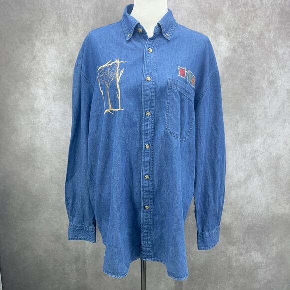 Vtg 90's Sz XL Artsy Classic Denim Chambray Embroidered Country Fall Leaves Tree - Picture 5 of 7